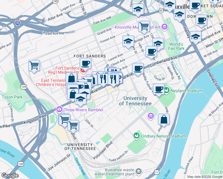 map of restaurants, bars, coffee shops, grocery stores, and more near 1720 Lake Avenue in Knoxville