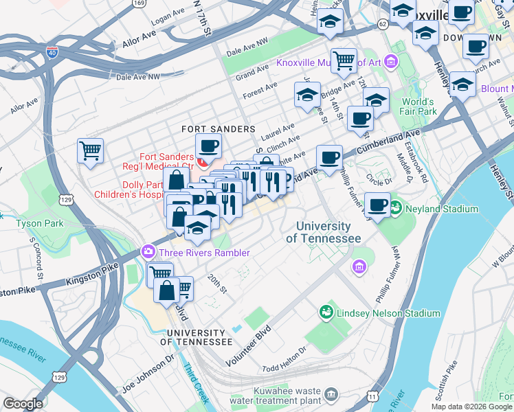 map of restaurants, bars, coffee shops, grocery stores, and more near in Knoxville