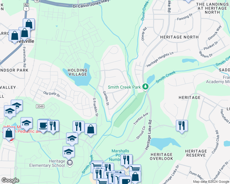map of restaurants, bars, coffee shops, grocery stores, and more near Alba Rose Lane in Wake Forest