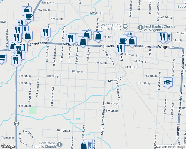 map of restaurants, bars, coffee shops, grocery stores, and more near 407 Southwest 5th Street in Wagoner