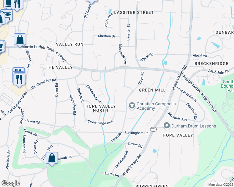 map of restaurants, bars, coffee shops, grocery stores, and more near 3622 Colchester Street in Durham