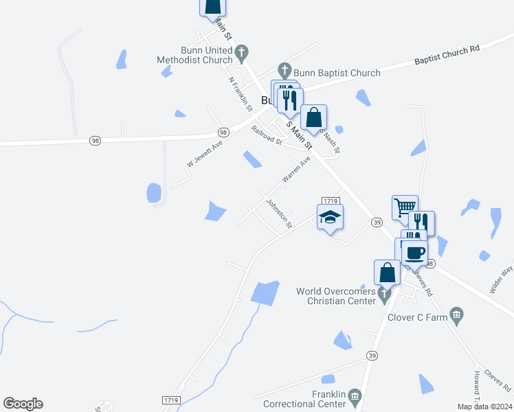 map of restaurants, bars, coffee shops, grocery stores, and more near 412 Warren Avenue in Bunn
