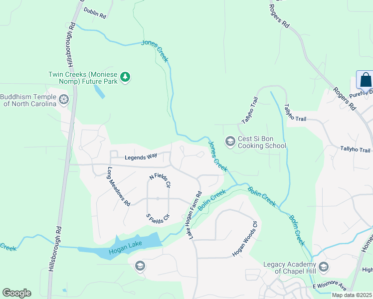 map of restaurants, bars, coffee shops, grocery stores, and more near 104 Jones Creek Place in Chapel Hill