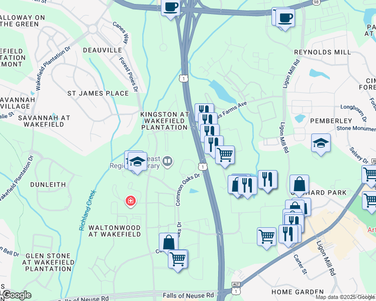 map of restaurants, bars, coffee shops, grocery stores, and more near 11710 Mezzanine Drive in Raleigh
