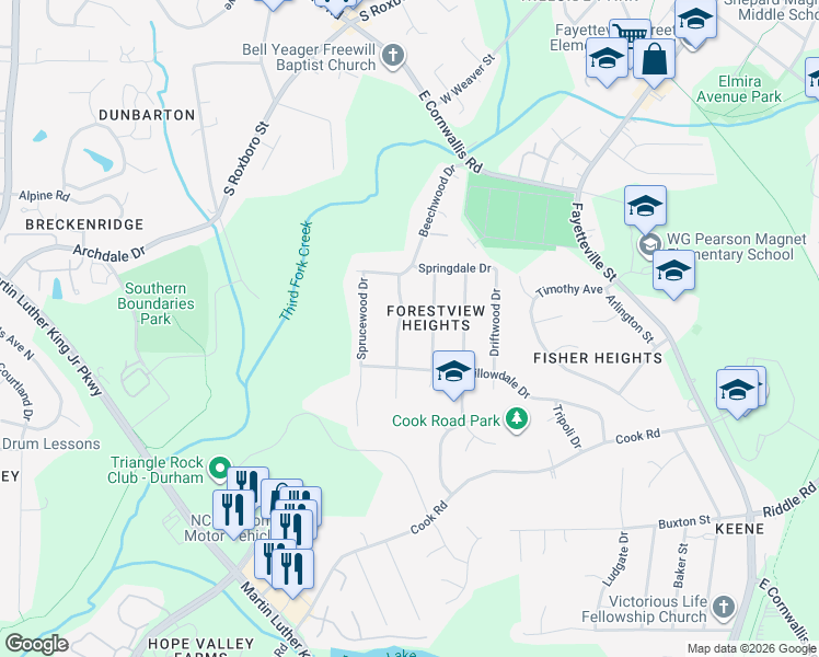 map of restaurants, bars, coffee shops, grocery stores, and more near 2920 Kanewood Drive in Durham