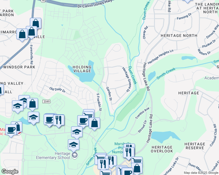 map of restaurants, bars, coffee shops, grocery stores, and more near 1533 Heritage Garden Street in Wake Forest