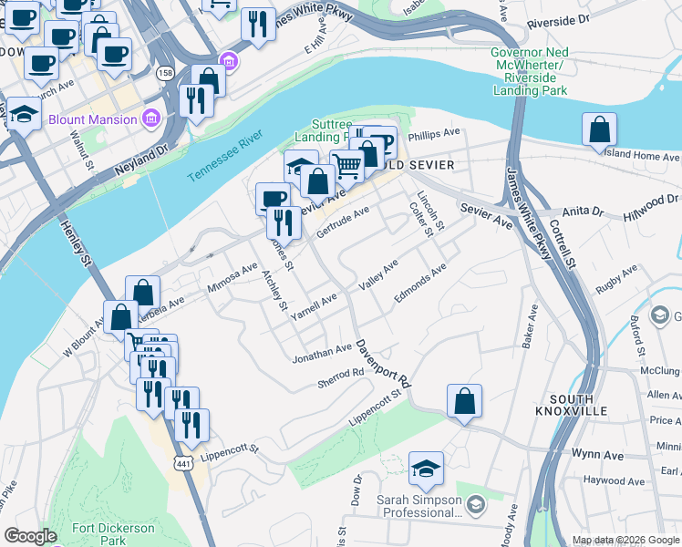map of restaurants, bars, coffee shops, grocery stores, and more near 2300 Davenport Road in Knoxville