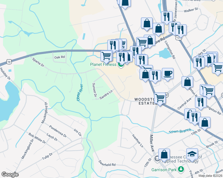 map of restaurants, bars, coffee shops, grocery stores, and more near 67 Sandra Lane in Crossville
