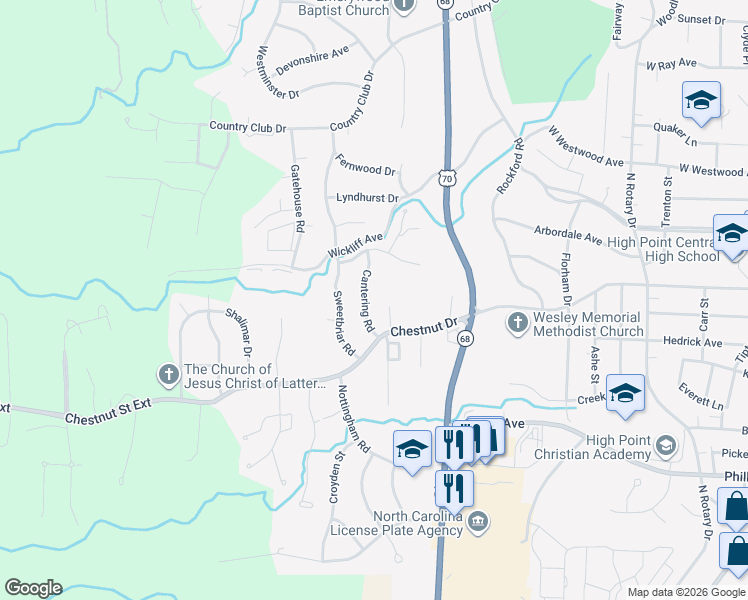 map of restaurants, bars, coffee shops, grocery stores, and more near 1023 Cantering Road in High Point