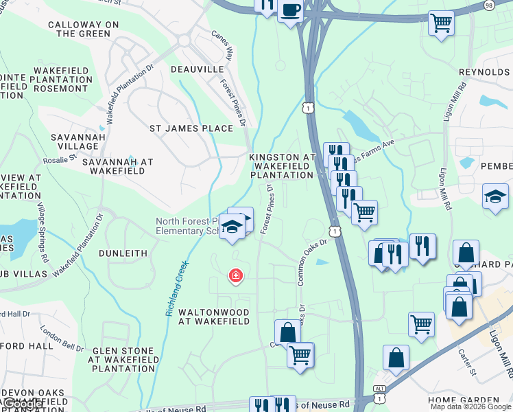 map of restaurants, bars, coffee shops, grocery stores, and more near 11601 Forest Pines Drive in Raleigh