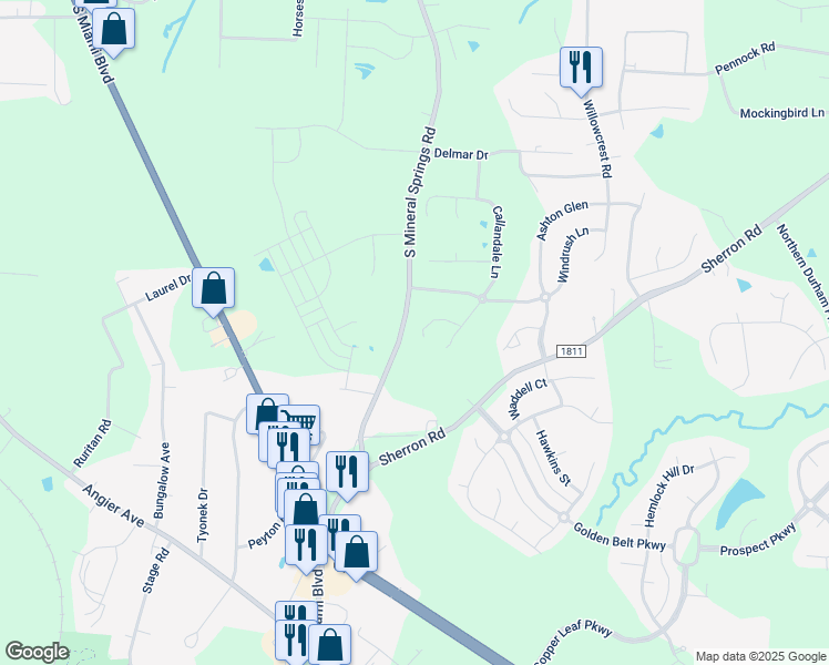 map of restaurants, bars, coffee shops, grocery stores, and more near 1809 South Mineral Springs Road in Durham