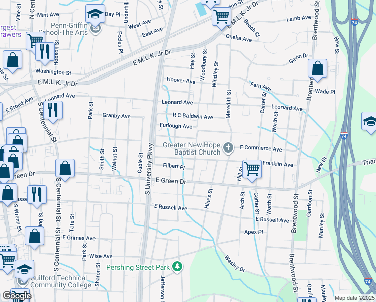 map of restaurants, bars, coffee shops, grocery stores, and more near 1230 Franklin Avenue in High Point