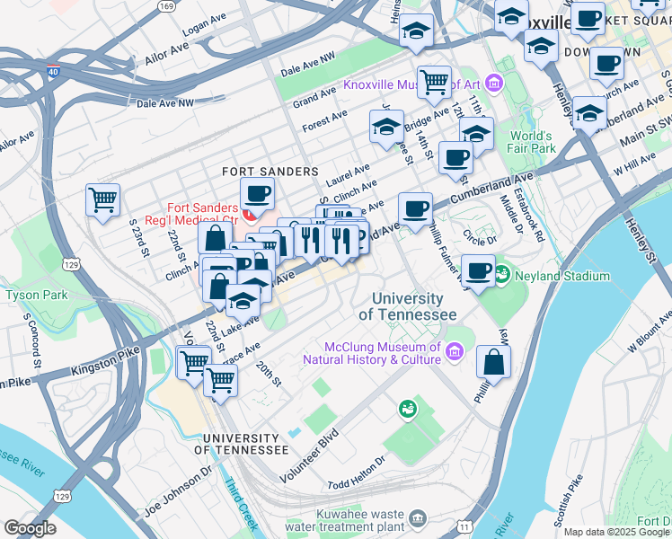 map of restaurants, bars, coffee shops, grocery stores, and more near 1720 Lake Avenue in Knoxville