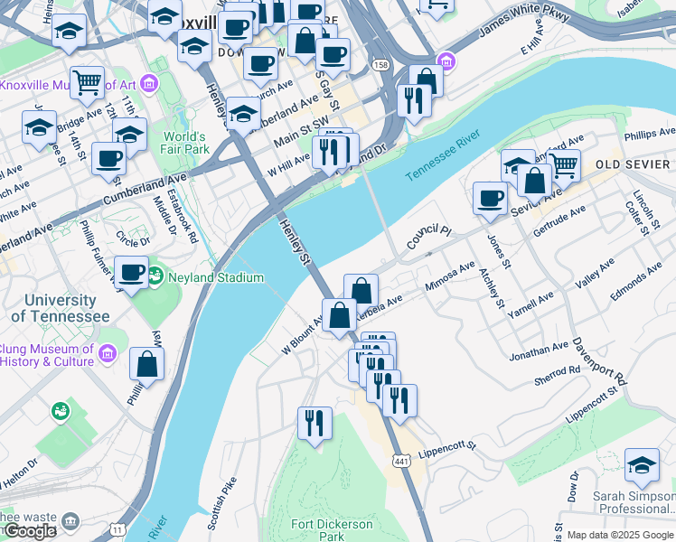 map of restaurants, bars, coffee shops, grocery stores, and more near 211 East Blount Avenue in Knoxville