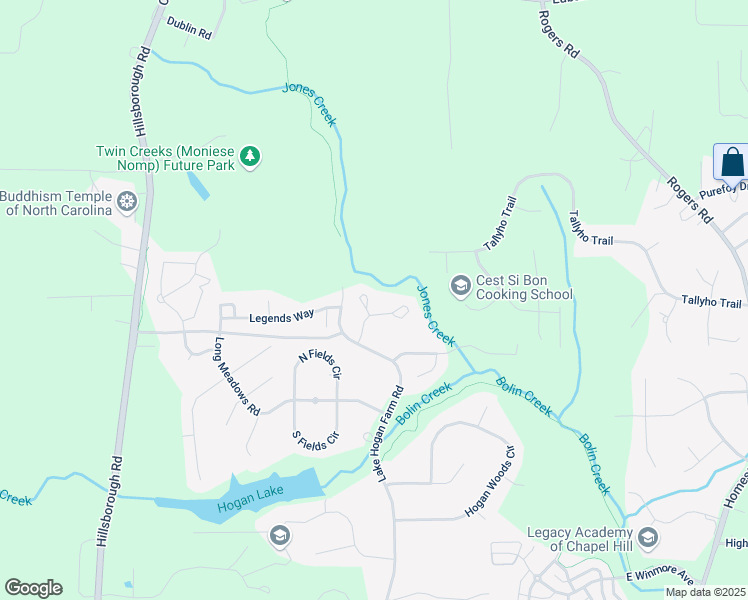 map of restaurants, bars, coffee shops, grocery stores, and more near 104 Jones Creek Place in Chapel Hill