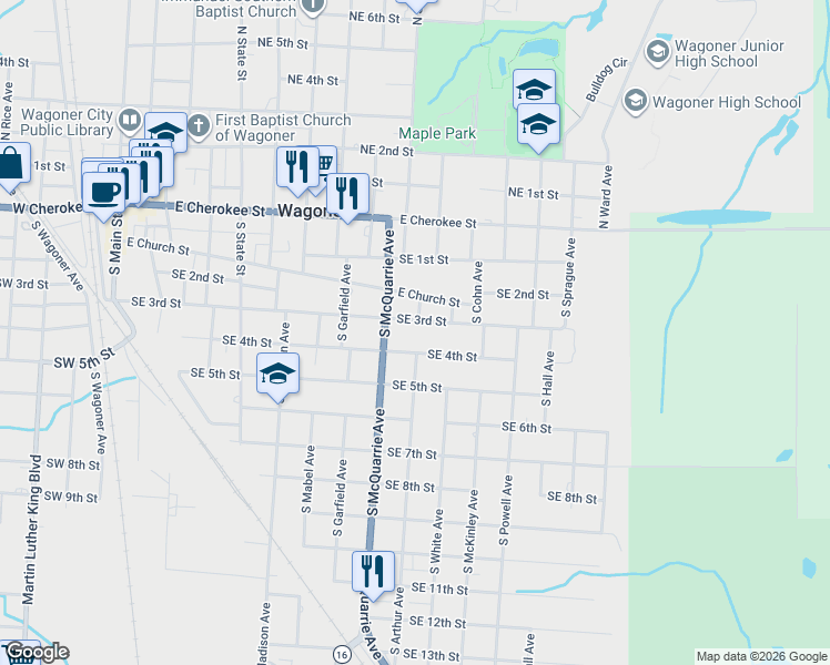 map of restaurants, bars, coffee shops, grocery stores, and more near 502 South Arthur Avenue in Wagoner