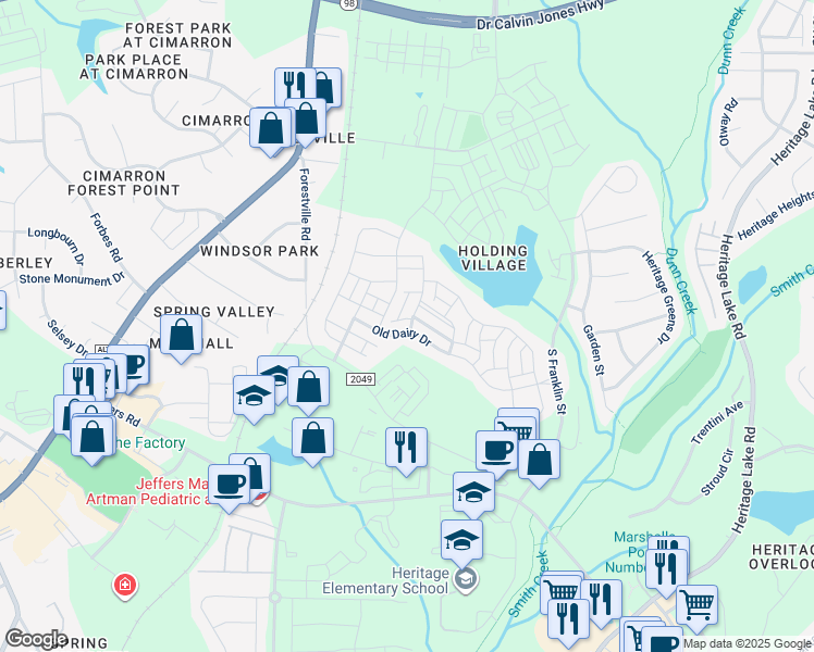 map of restaurants, bars, coffee shops, grocery stores, and more near 445 Old Dairy Drive in Wake Forest