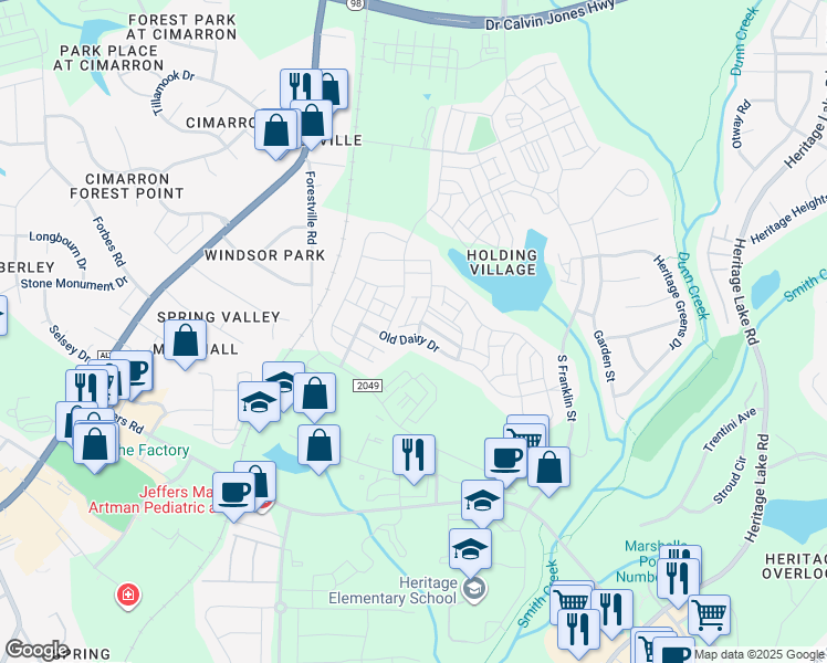map of restaurants, bars, coffee shops, grocery stores, and more near 445 Old Dairy Drive in Wake Forest