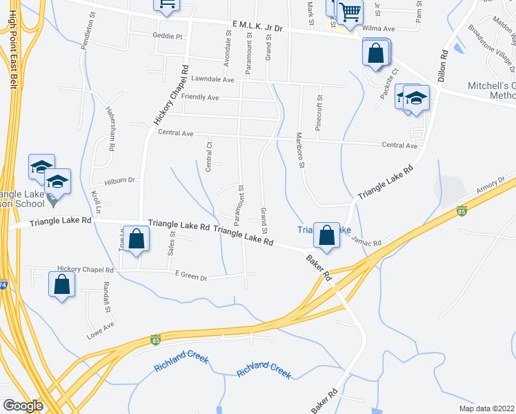 map of restaurants, bars, coffee shops, grocery stores, and more near 706 Grand Street in High Point