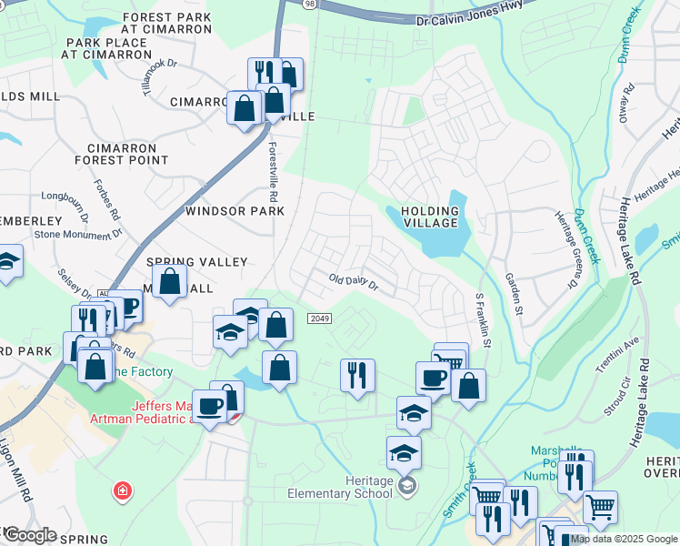 map of restaurants, bars, coffee shops, grocery stores, and more near 436 Old Dairy Drive in Wake Forest