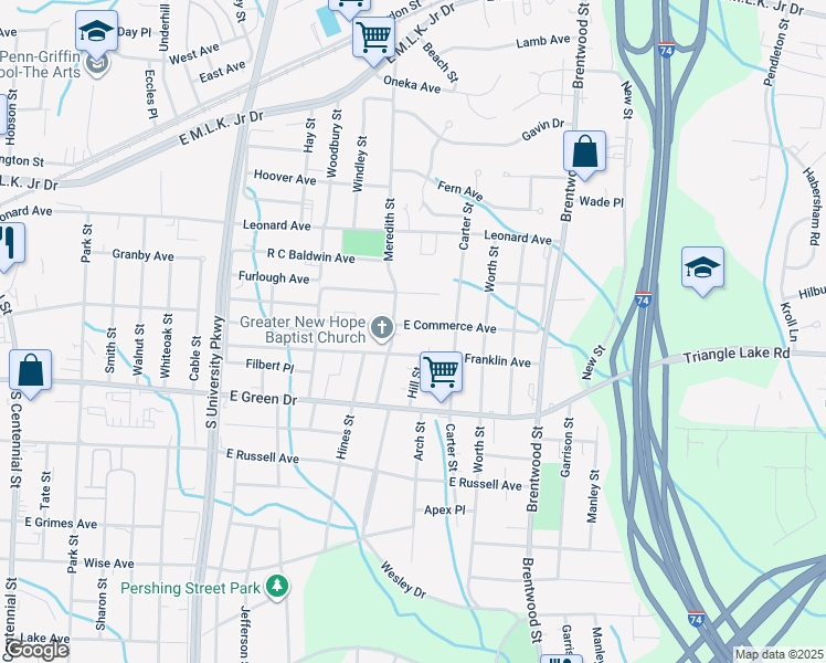 map of restaurants, bars, coffee shops, grocery stores, and more near 1506 East Commerce Avenue in High Point