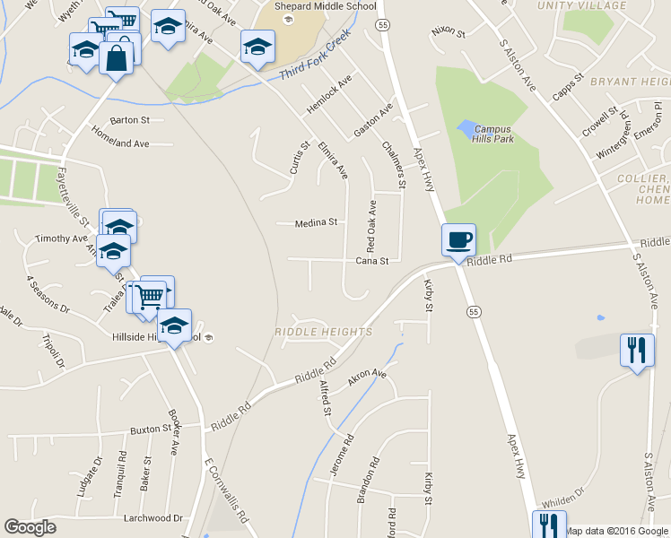 map of restaurants, bars, coffee shops, grocery stores, and more near 1016 Cana Street in Durham