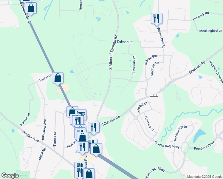 map of restaurants, bars, coffee shops, grocery stores, and more near 1809 South Mineral Springs Road in Durham