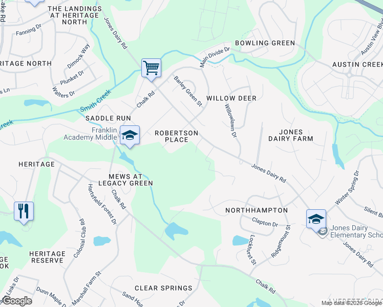 map of restaurants, bars, coffee shops, grocery stores, and more near 736 Jones Dairy Road in Wake Forest