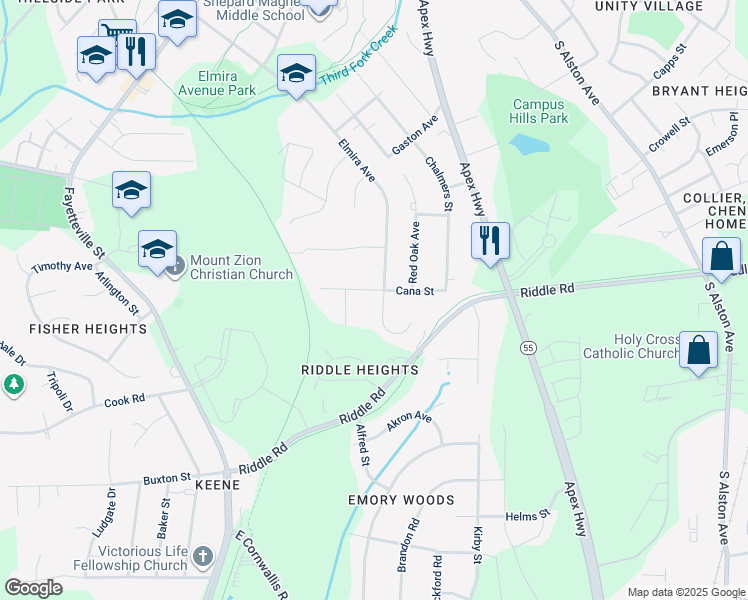 map of restaurants, bars, coffee shops, grocery stores, and more near 1016 Cana Street in Durham