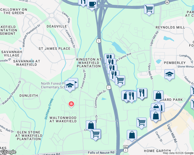 map of restaurants, bars, coffee shops, grocery stores, and more near 11731 Mezzanine Drive in Raleigh