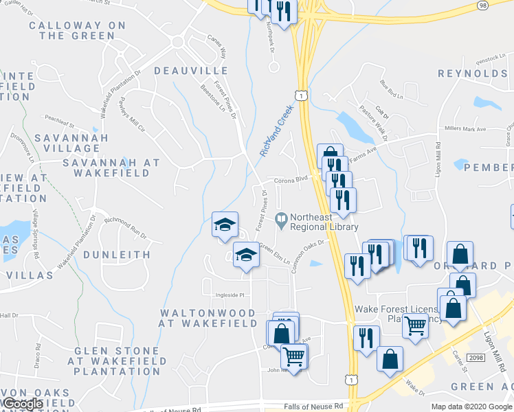 map of restaurants, bars, coffee shops, grocery stores, and more near 14308 Foxcroft Road in Raleigh