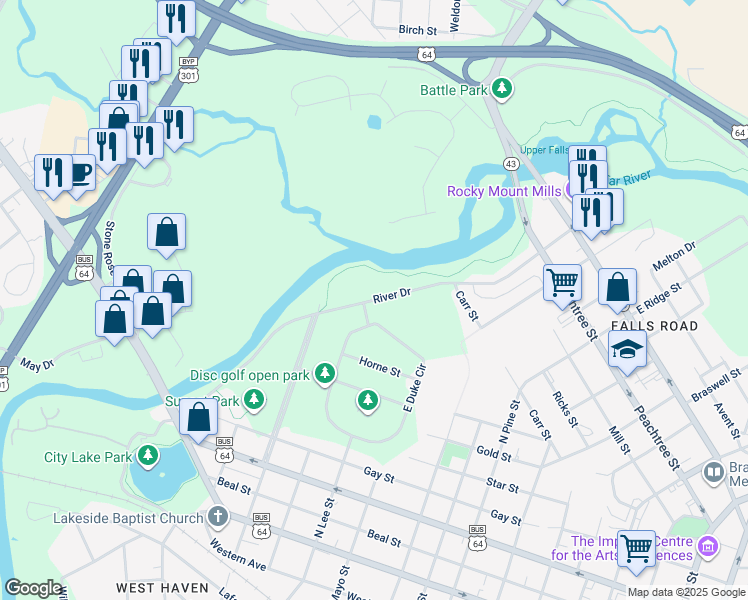map of restaurants, bars, coffee shops, grocery stores, and more near River Drive in Rocky Mount