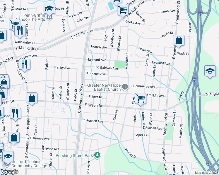 map of restaurants, bars, coffee shops, grocery stores, and more near 703 Woodbury Street in High Point
