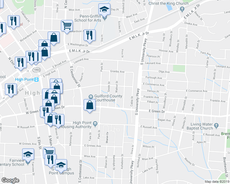 map of restaurants, bars, coffee shops, grocery stores, and more near 508 Walnut Street in High Point