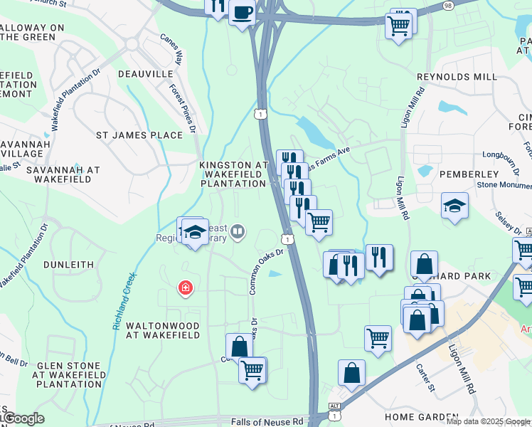map of restaurants, bars, coffee shops, grocery stores, and more near in Wake Forest