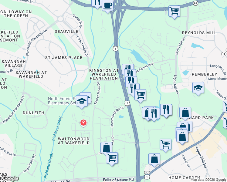 map of restaurants, bars, coffee shops, grocery stores, and more near 11731 Mezzanine Drive in Raleigh