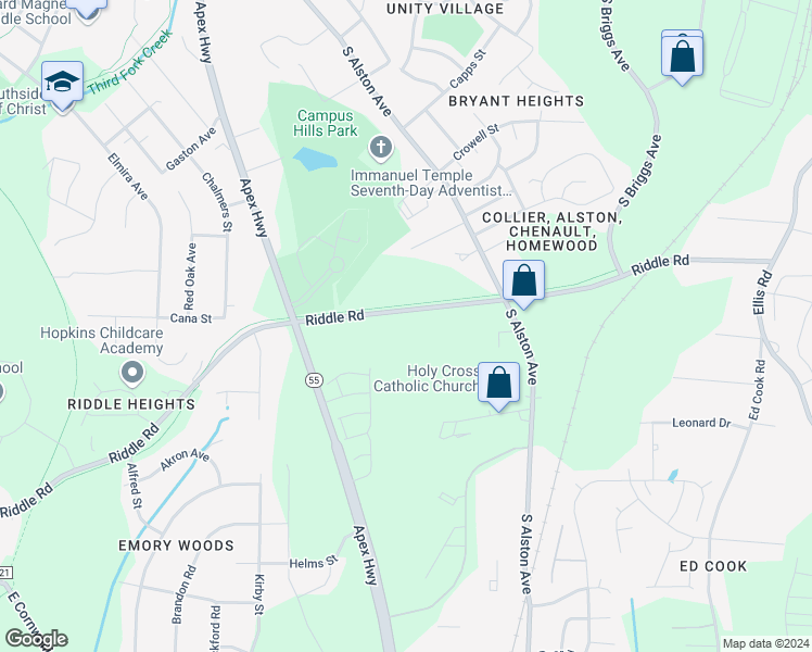 map of restaurants, bars, coffee shops, grocery stores, and more near 2010 Riddle Road in Durham