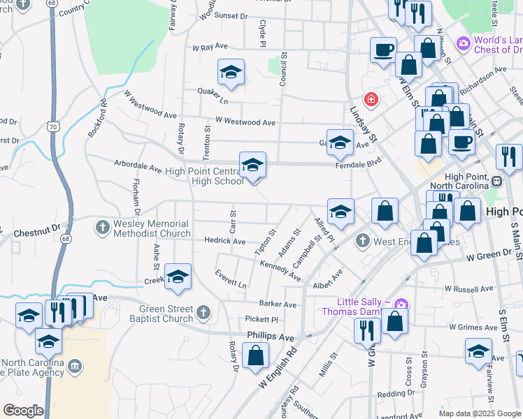 map of restaurants, bars, coffee shops, grocery stores, and more near 601 Chestnut Drive in High Point