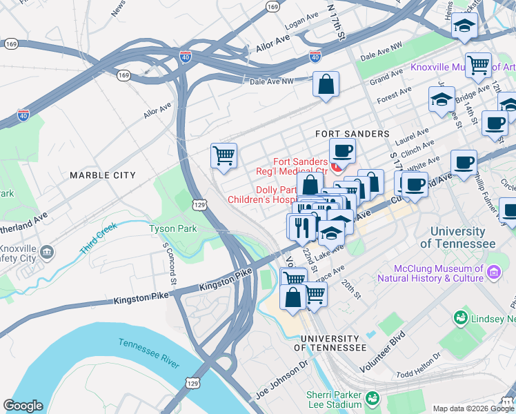 map of restaurants, bars, coffee shops, grocery stores, and more near 2223 Laurel Avenue in Knoxville