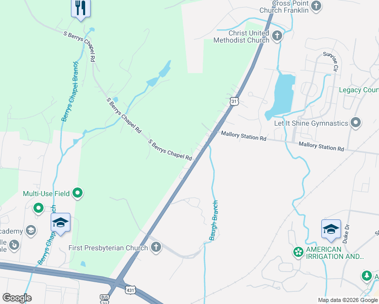 map of restaurants, bars, coffee shops, grocery stores, and more near 427 Franklin Road in Franklin