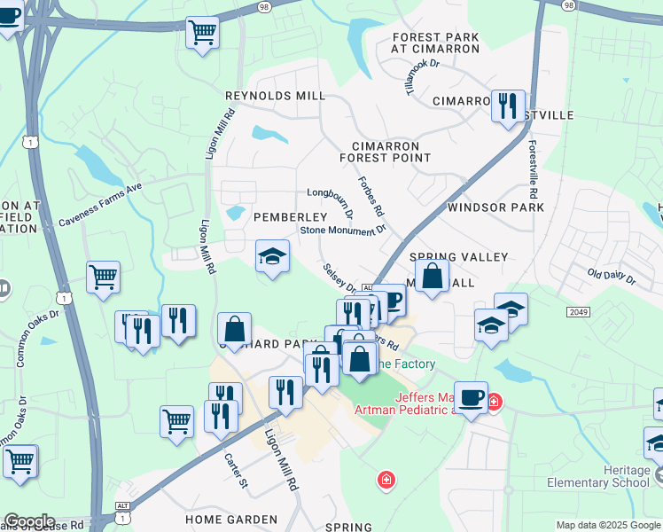 map of restaurants, bars, coffee shops, grocery stores, and more near 206 Selsey Drive in Wake Forest