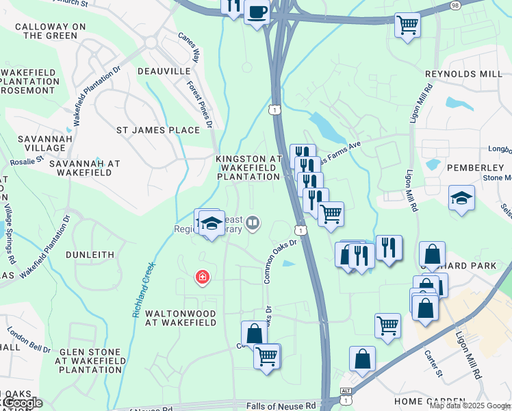 map of restaurants, bars, coffee shops, grocery stores, and more near 11700 Coppergate Drive in Raleigh