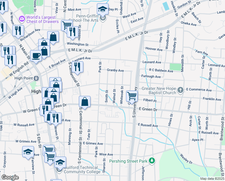 map of restaurants, bars, coffee shops, grocery stores, and more near 508 Walnut Street in High Point
