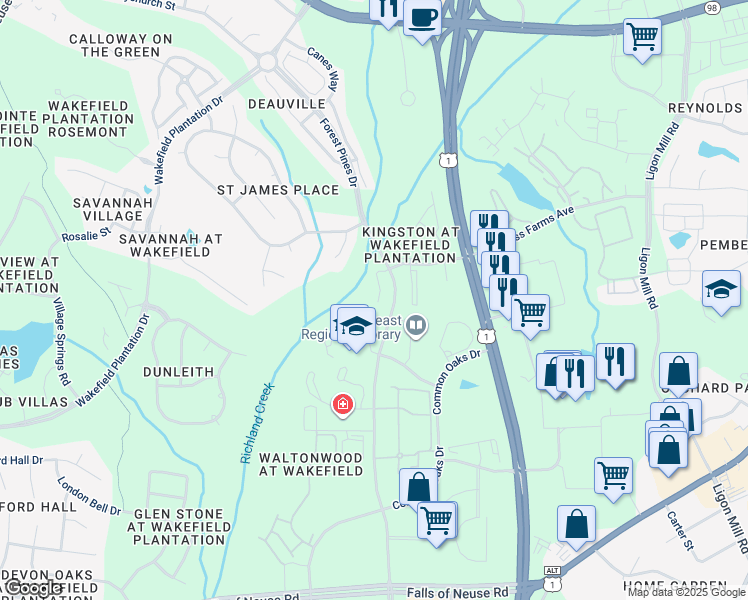 map of restaurants, bars, coffee shops, grocery stores, and more near 14307 Foxcroft Road in Raleigh