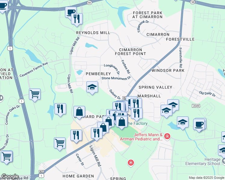 map of restaurants, bars, coffee shops, grocery stores, and more near 206 Selsey Drive in Wake Forest