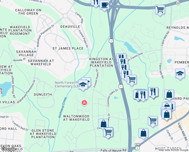map of restaurants, bars, coffee shops, grocery stores, and more near 11711 Coppergate Drive in Raleigh
