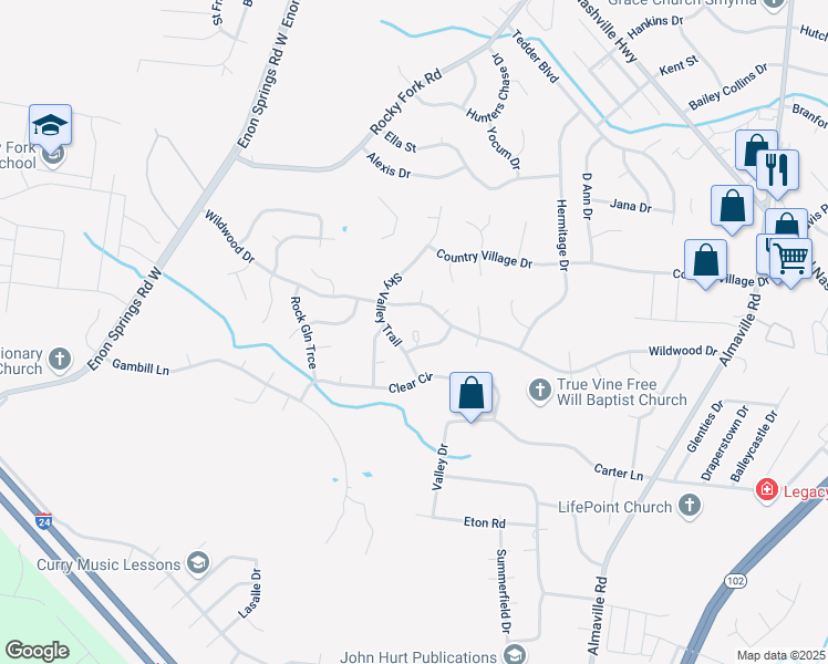 map of restaurants, bars, coffee shops, grocery stores, and more near 527 Wildwood Drive in Smyrna