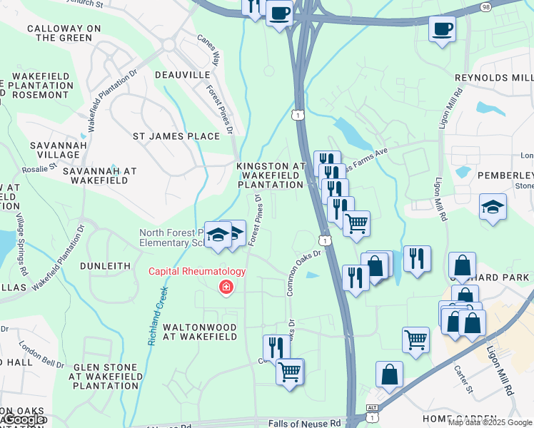map of restaurants, bars, coffee shops, grocery stores, and more near 11701 Coppergate Drive in Raleigh