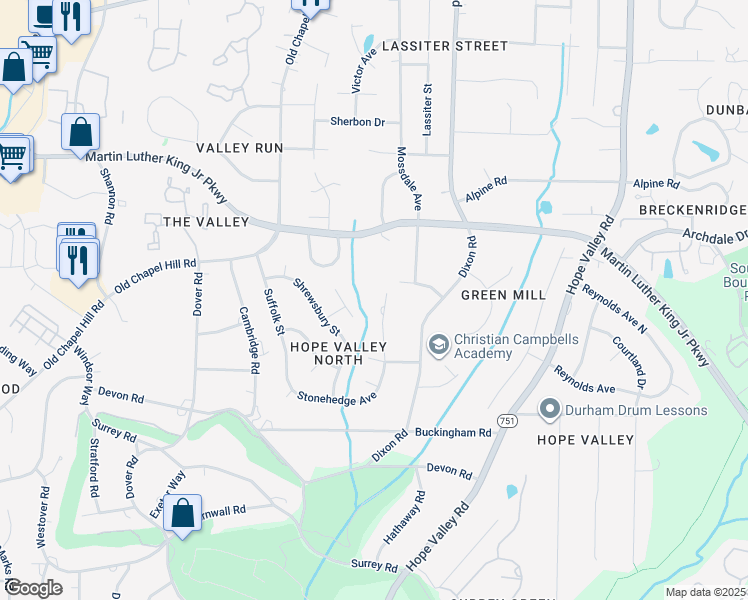 map of restaurants, bars, coffee shops, grocery stores, and more near 3622 Colchester Street in Durham