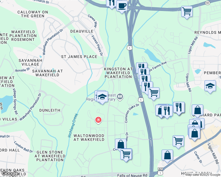 map of restaurants, bars, coffee shops, grocery stores, and more near 14312 Foxcroft Road in Raleigh